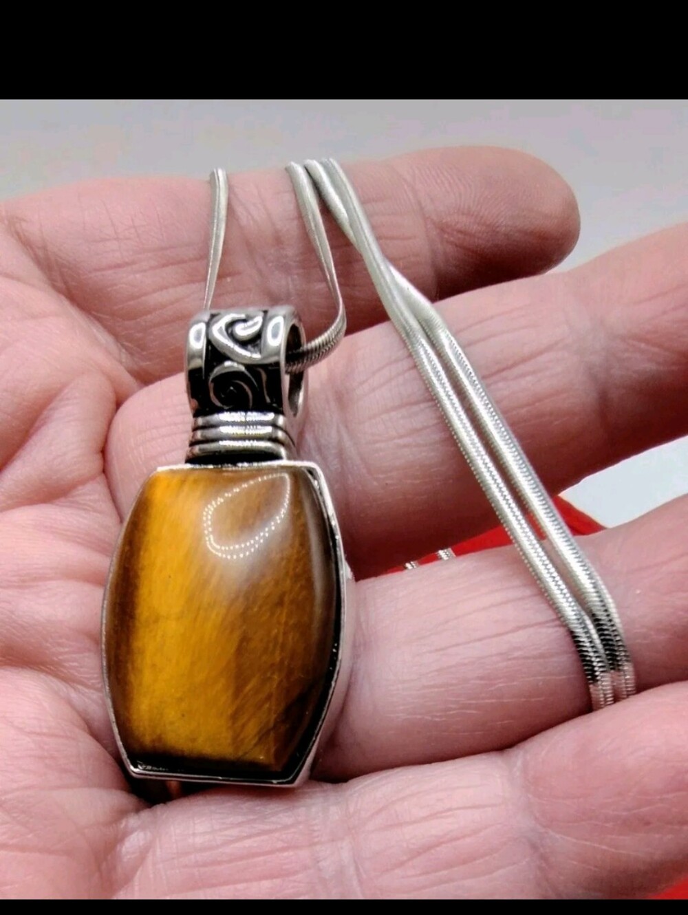Vintage Lia Sophia Tigereye Pendant on Stainless Steel Flat Snake Chain 20 inch